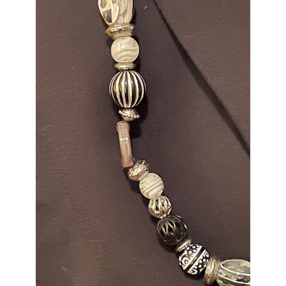 Chicos Black White Silver Beaded Statement Necklace 22 Inch Long Cord Eclectic - Picture 8 of 11